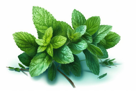Fresh mint leaves isolated on white background. Top view. Flat lay.の素材