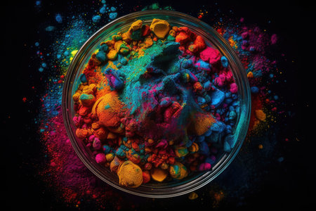 Colorful holi powder in glass bowl on black background. Holi festival concept.の素材