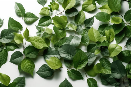 green leaves on white background. flat lay, top view, copy spaceの素材
