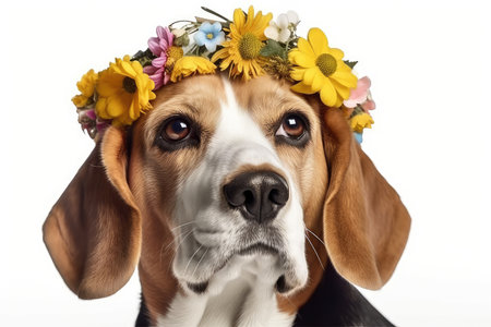 Beagle dog with a wreath of flowers on a white backgroundの素材