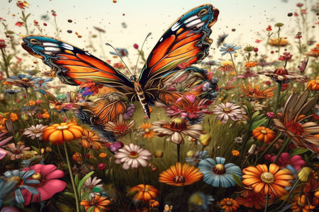Butterfly in the meadow with flowers. 3d illustrationの素材