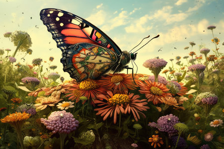Butterfly and flowers in the meadow. Floral background.の素材