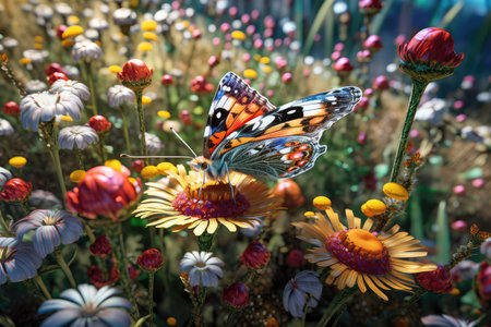 Butterfly on daisies and chrysanthemumsの素材