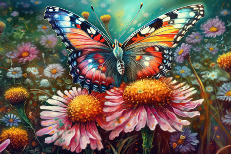 Butterfly on a flower meadow. Artistic painting.の素材