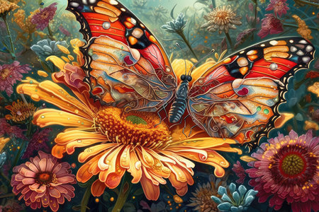 Butterfly on colorful flower background. Digital painting. 3D illustration.の素材