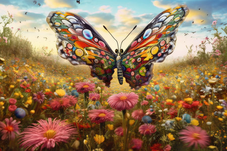 Butterfly in the meadow with colorful flowers. Digital painting.の素材