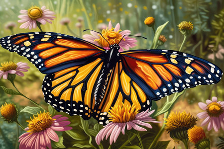 Butterfly on a flower in the garden. Digital painting.の素材