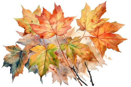 Watercolor autumn maple leaves isolated on white background. Hand painted illustration.の素材