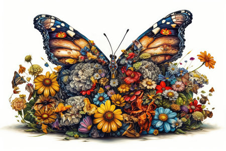 Butterfly made of flowers and leaves isolated on white background.の素材