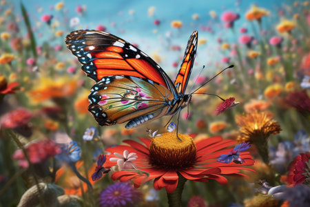 Butterfly on a flower in the meadow with colorful flowersの素材