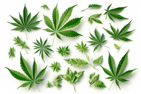 Cannabis leaves isolated on white background. Top view. Flat lay.の素材