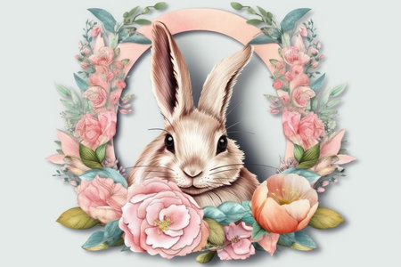 Rabbit with floral wreath. Hand drawn illustration. Vector.の素材