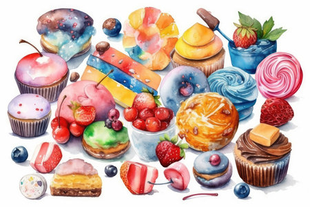 Hand drawn watercolor set of sweets and desserts. Vector illustration.の素材