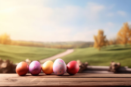 Colorful easter eggs on wooden table in front of blurred nature backgroundの素材