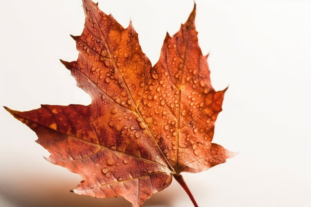 Red maple leaf with water drops on a white background. Autumn concept.の素材
