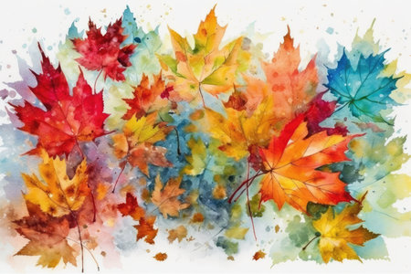 Watercolor autumn maple leaves on white background. Hand drawn illustration.の素材
