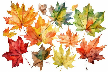 Watercolor autumn leaves set isolated on white background. Hand painted illustration.の素材