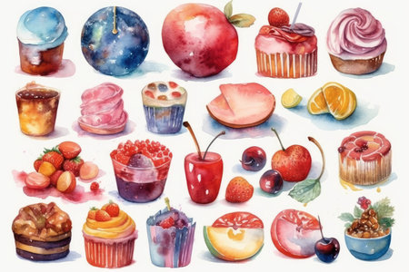 Watercolor set of cakes, fruit, berries, fruits and berries.の素材