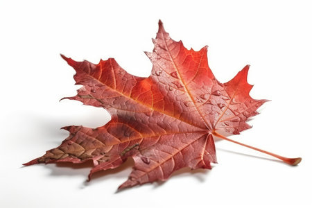 Autumn maple leaf with water drops isolated on a white background.の素材