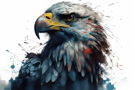 Digital painting of a bald eagle with splashes of ink on a white backgroundの素材