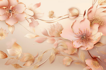 3d illustration of abstract floral background with pink flowers and golden linesの素材