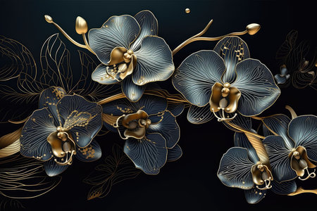 Orchid flower background with golden orchids. Vector illustration.の素材