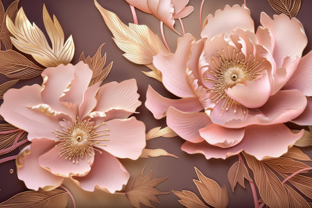 3d illustration, pink peony flowers on a brown background.の素材