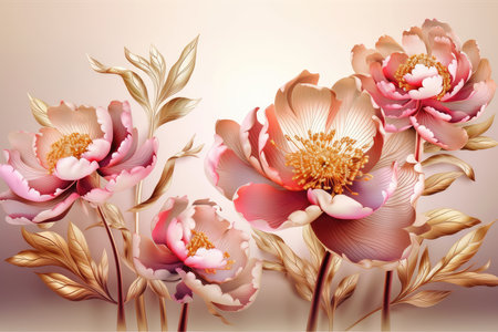 Beautiful floral background with pink peony flowers and golden leaves.の素材