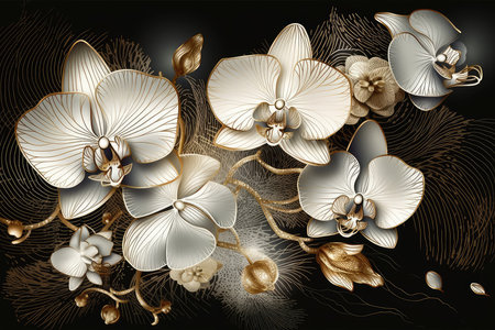 Illustration of a background with orchids in gold and blackの素材