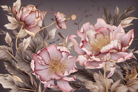 Beautiful vintage floral background with peony flowers, leaves and branches.の素材