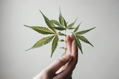 Cannabis leaf on the hand of a young woman. Close-up.の素材