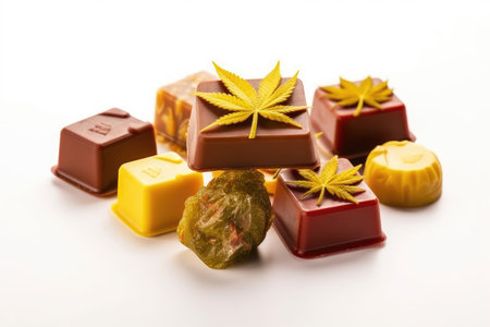 Assorted chocolate candies with marijuana leaf and marmalade on white backgroundの素材