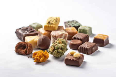 Assortment of chocolate candies on white background. Selective focus.の素材