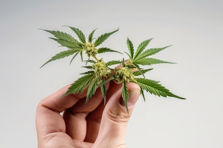Cannabis buds in hand on a white background. Medicinal indica with CBD.の素材