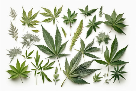 Cannabis leaves isolated on white background. Top view. Flat lay.の素材