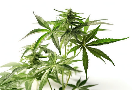 Cannabis sativa leaves isolated on white background. Legal Marijuana cultivation in the home.の素材