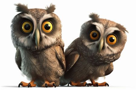 Owls sitting on a white background. 3D rendering.の素材