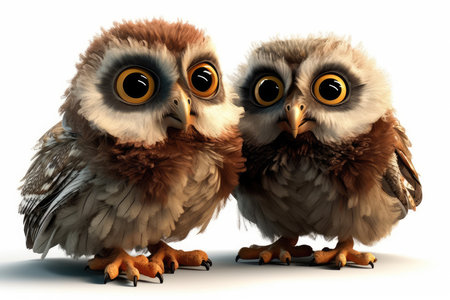 Owls on a white background. 3D render illustration.の素材