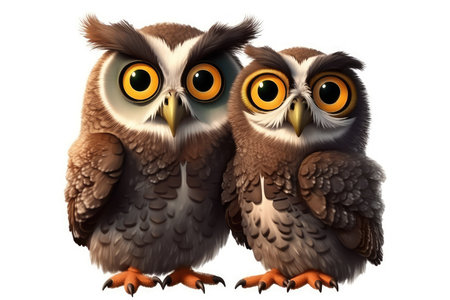 Two owls isolated on white background, 3d render illustration.の素材