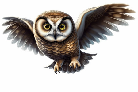 Owl flying isolated on white background. 3d render illustration.の素材