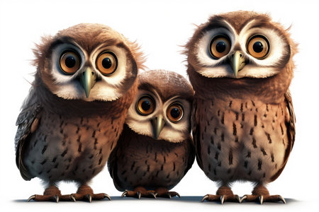 Three owls in front of a white background - 3D renderの素材