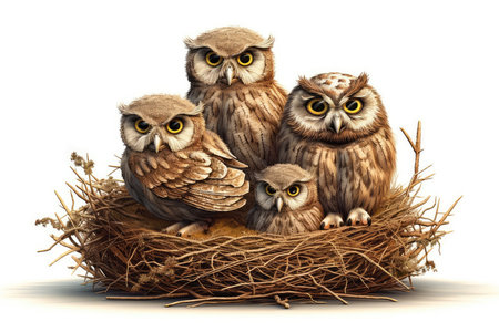 Three owls in a nest on a white background. 3d illustrationの素材