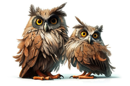 Two owls isolated on white background. 3d illustration. Studio shot.の素材