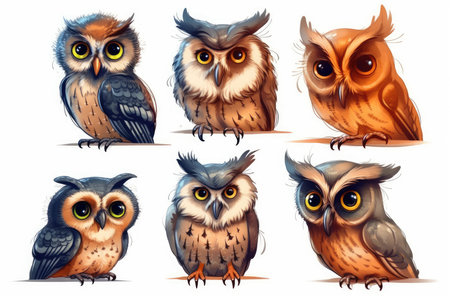 Set of vector cartoon owls. Isolated on white background.の素材