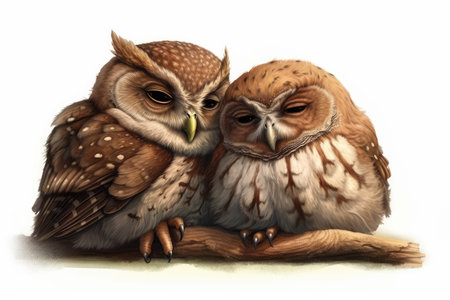 Two owls sitting on a branch isolated on a white background.の素材