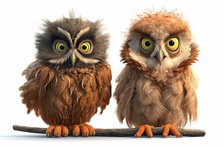 Owls isolated on a white background. 3D rendering.の素材