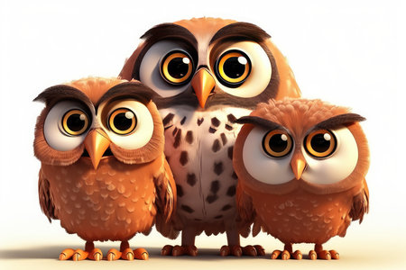 Owl family on a white background. 3D illustration. 3D rendering.の素材