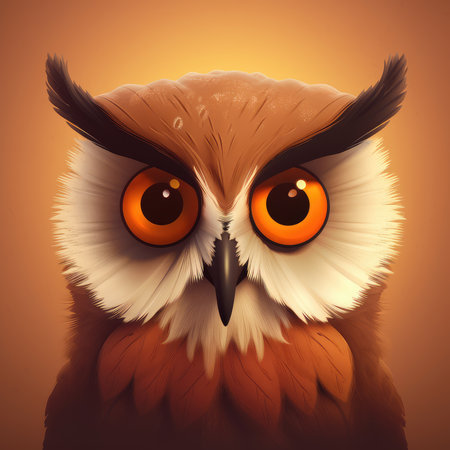 Cute brown owl with big eyes on orange background. Vector illustration.の素材