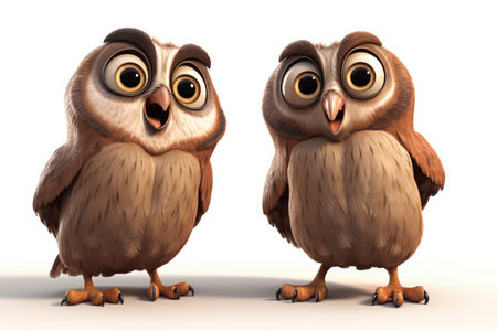 Owls on a white background - 3D rendered Illustration.の素材
