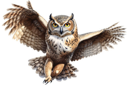 3D rendering of a beautiful owl with wings spread isolated on white backgroundの素材